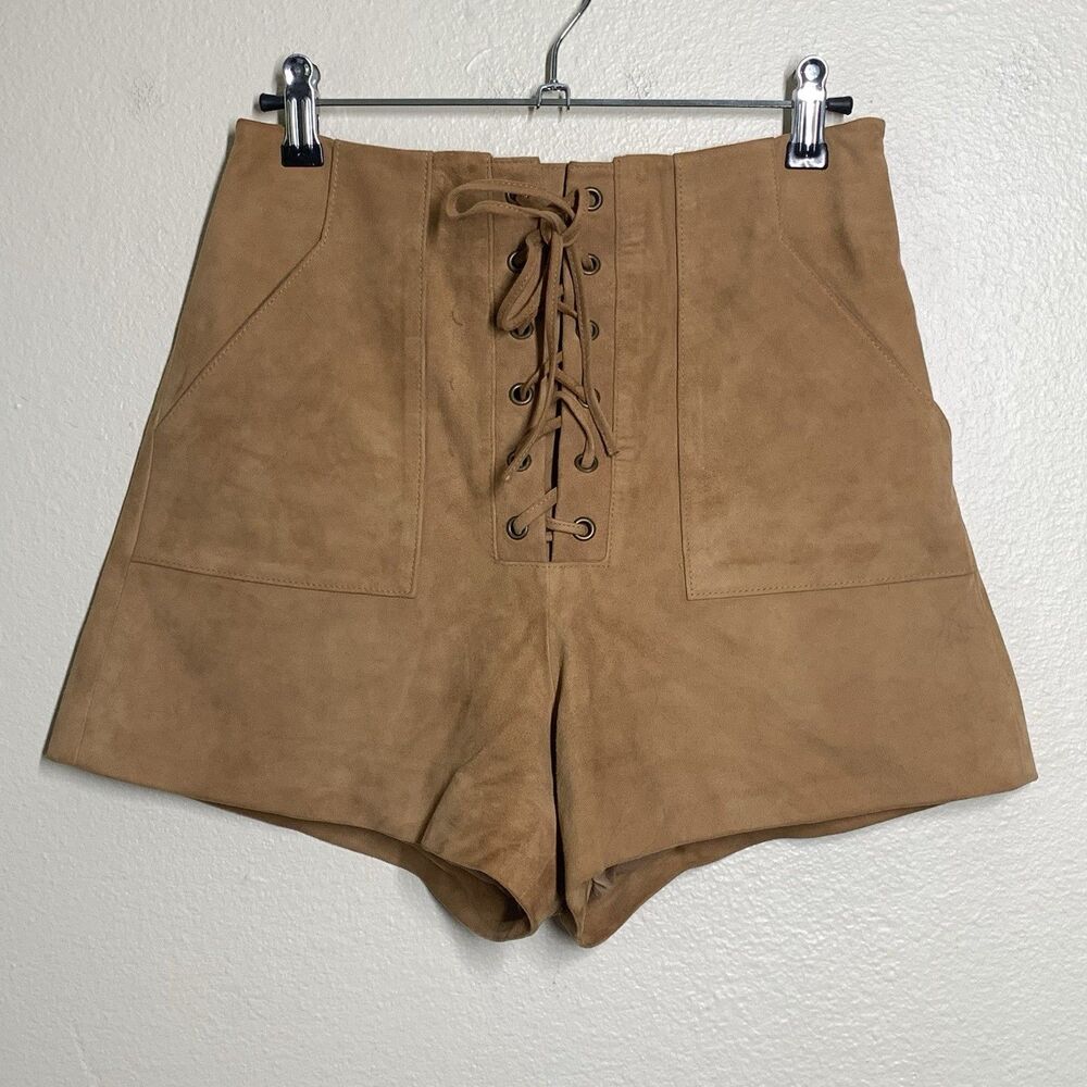 Fifth & Mode Wyatt Goat Suede Shorts 0 Tan Lace Up Intermix Lace-Up Pockets